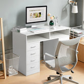 HAOYYE White Wood Grain Particle Board Computer Desk with Triamine Finish, One Door Four Drawers and Interlayer Storage, Modern Home Office Desk with Ample Storage and Durable Design